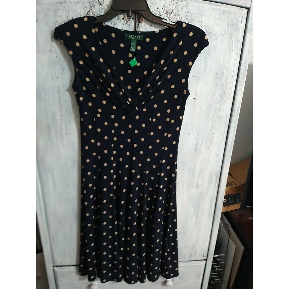 Lauren Ralph Lauren Vneck Polka Dot Mid Dress 6 Blk vintage Classic Party Office
